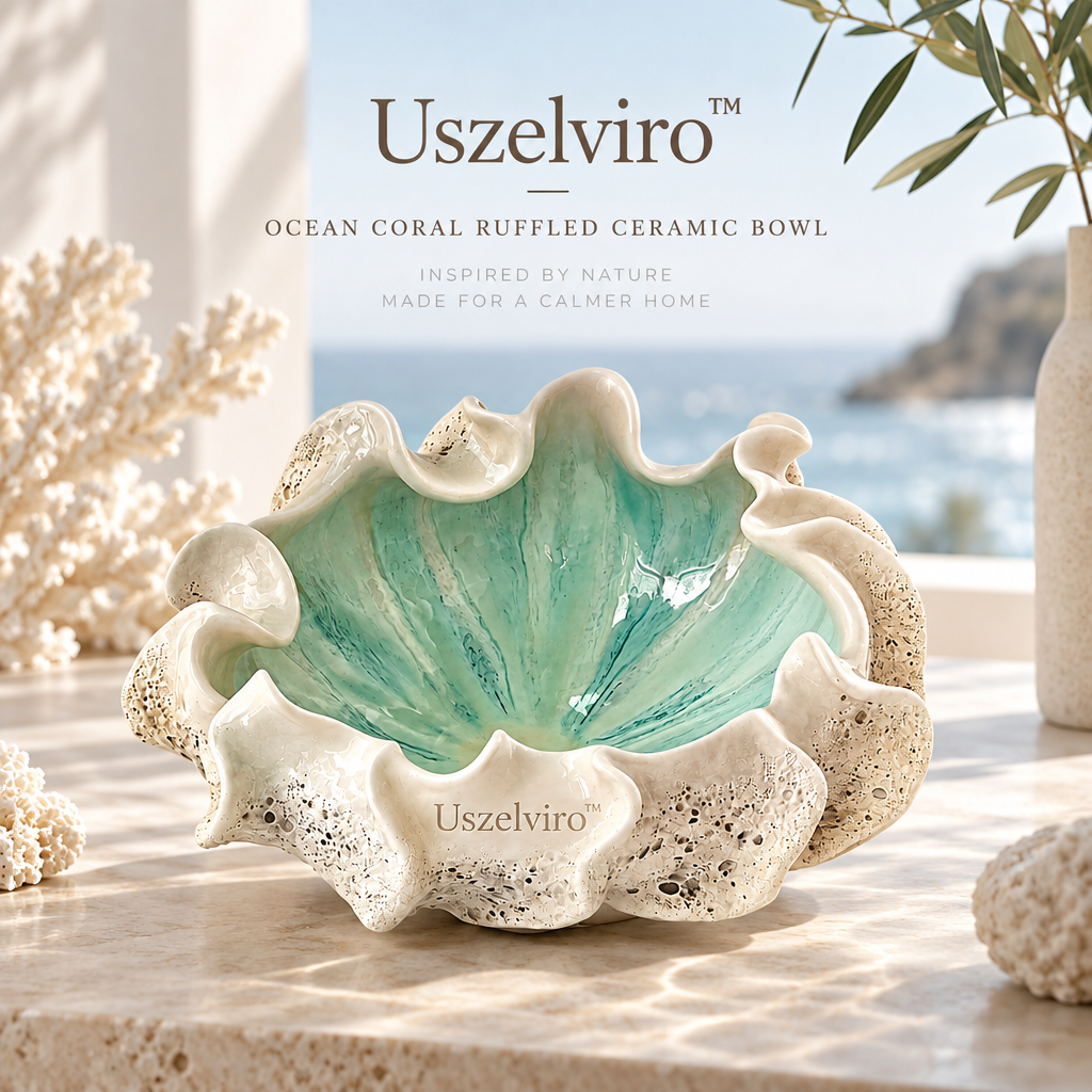 Uszelviro™ Ocean Coral Ruffled Ceramic Bowl – Sculptural Coastal Decorative Bowl for Elegant Home Styling