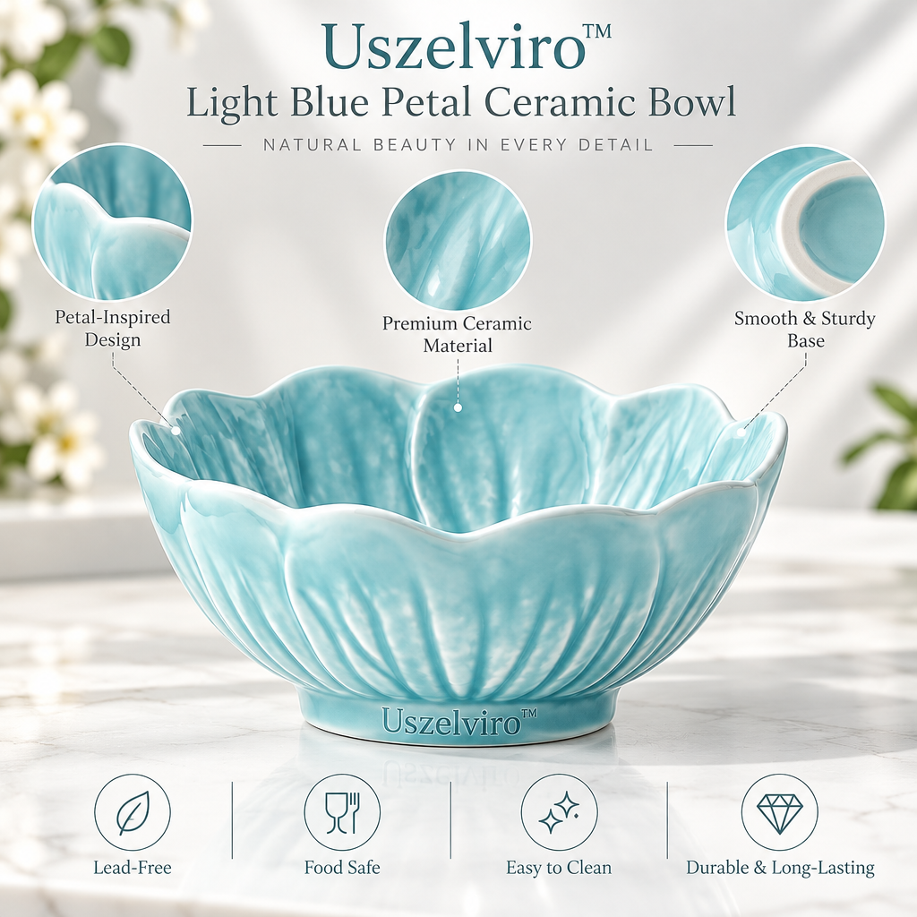 Uszelviro™ Light Blue Petal Ceramic Bowl – Sculptural Decorative Bowl for Elegant Everyday Living