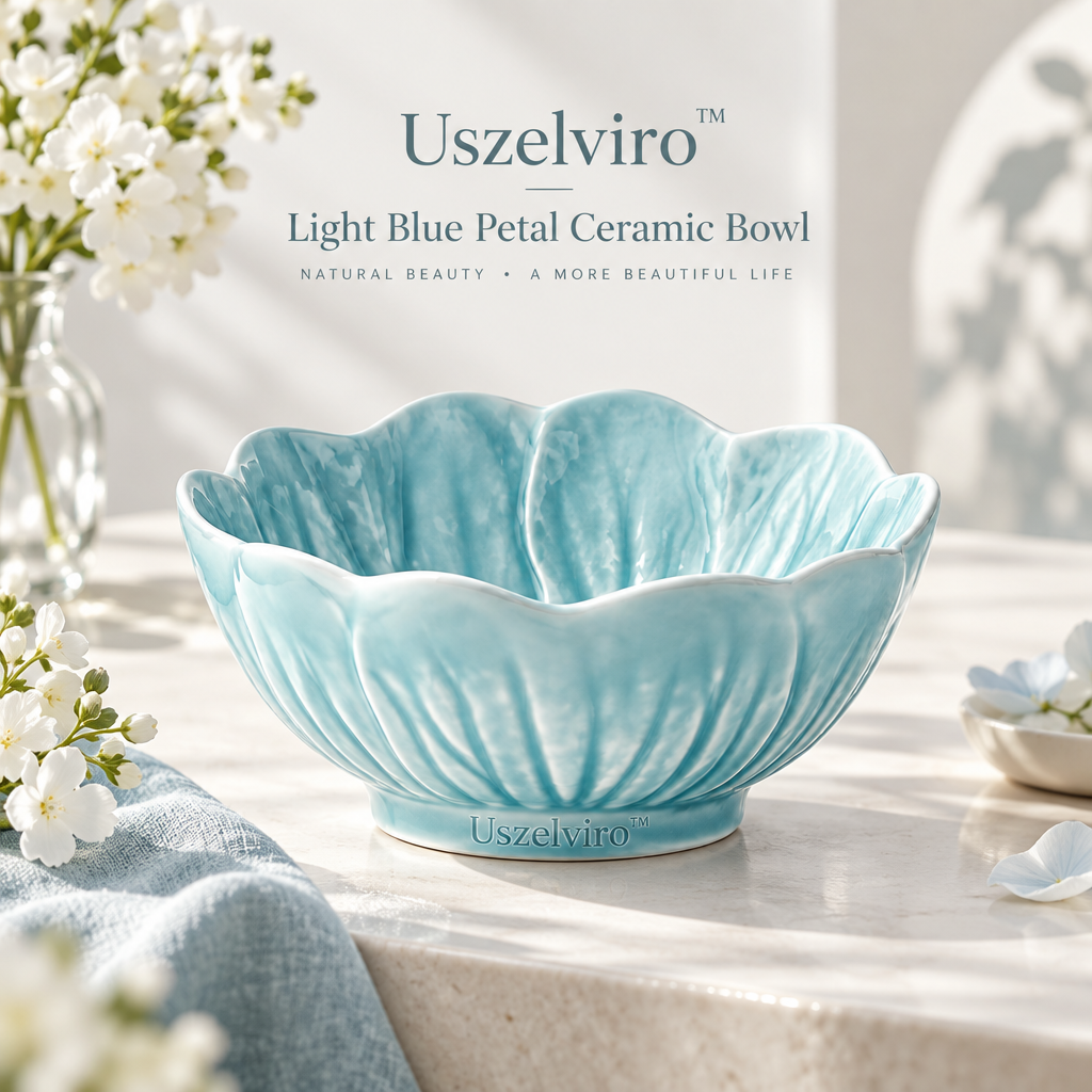 Uszelviro™ Light Blue Petal Ceramic Bowl – Sculptural Decorative Bowl for Elegant Everyday Living